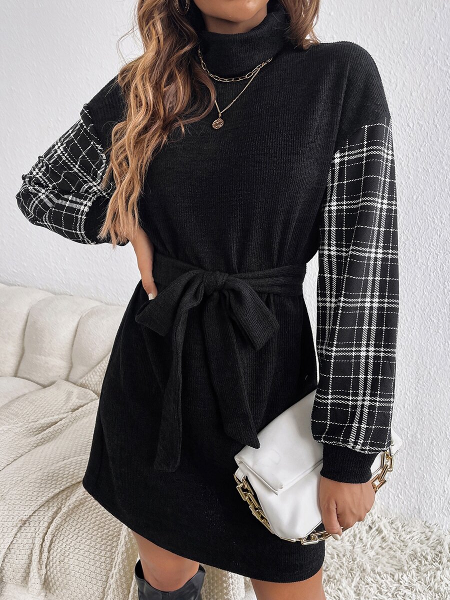 SHEIN LUNE Plaid Panel Turtle Neck Drop Shoulder Belted Dress - Black - View 1