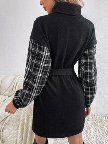 SHEIN LUNE Plaid Panel Turtle Neck Drop Shoulder Belted Dress - Black - View 2