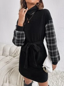 SHEIN LUNE Plaid Panel Turtle Neck Drop Shoulder Belted Dress - Black - View 3