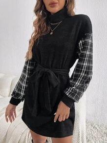 SHEIN LUNE Plaid Panel Turtle Neck Drop Shoulder Belted Dress - Black - View 4