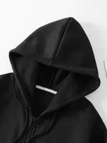 INAWLY 大码纯色拉链抽绳保暖内衬卫衣 - 黑色 - 查看 8