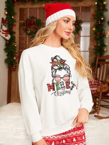 1 PC Drop Shoulder Christmas & Figure Graphic Pullover - White - View 6