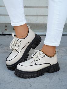 Contrast Binding Lace-up Front Flatform Oxford Shoes - Beige - View 4