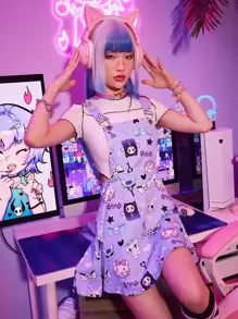 ROMWE Kawaii Cartoon Graphic Overall Dress - Mauve Purple - View 1