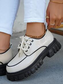 Contrast Binding Lace-up Front Flatform Oxford Shoes - Beige - View 5