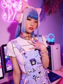 ROMWE Kawaii Cartoon Graphic Overall Dress - Mauve Purple - View 3