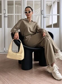 DAZY Suéter con cuello y hombros caídos y pantalones de punto con cordón en la cintura para el otoño - Marrón Mocha - Ver 3