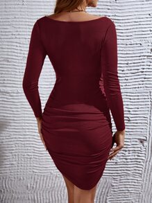 SHEIN Váy Bà bầu Xù Gân đan Thắt nơ trước màu trơn Thanh lịch - Màu Đỏ Sâu - Xem 2