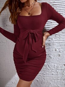 SHEIN Váy Bà bầu Xù Gân đan Thắt nơ trước màu trơn Thanh lịch - Màu Đỏ Sâu - Xem 4