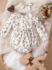 嬰兒小碎花荷葉邊連身背心和頭巾