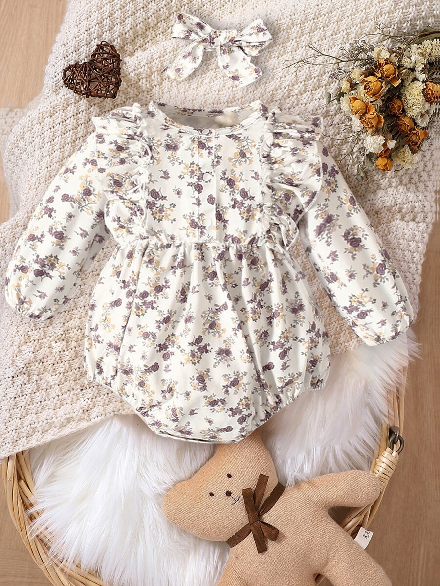 嬰兒小碎花荷葉邊連身背心和頭巾