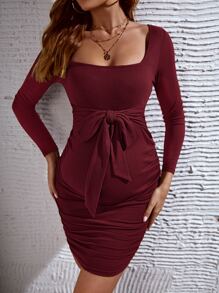 SHEIN Váy Bà bầu Xù Gân đan Thắt nơ trước màu trơn Thanh lịch - Màu Đỏ Sâu - Xem 5