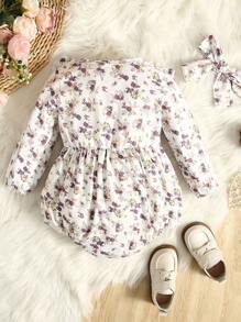 嬰兒小碎花荷葉邊連身背心和頭巾