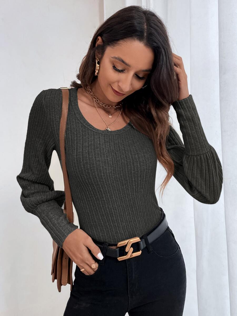 SHEIN Frenchy Camiseta tejido de canalé de manga farol - Gris Oscuro - Ver 1