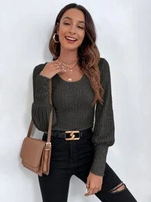 SHEIN Frenchy Camiseta tejido de canalé de manga farol - Gris Oscuro - Ver 6