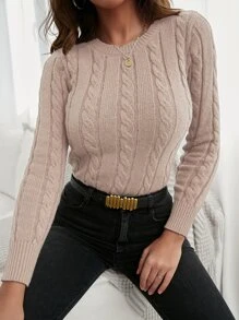 SHEIN Frenchy Cable Knit Solid Jumper - Apricot - View 6