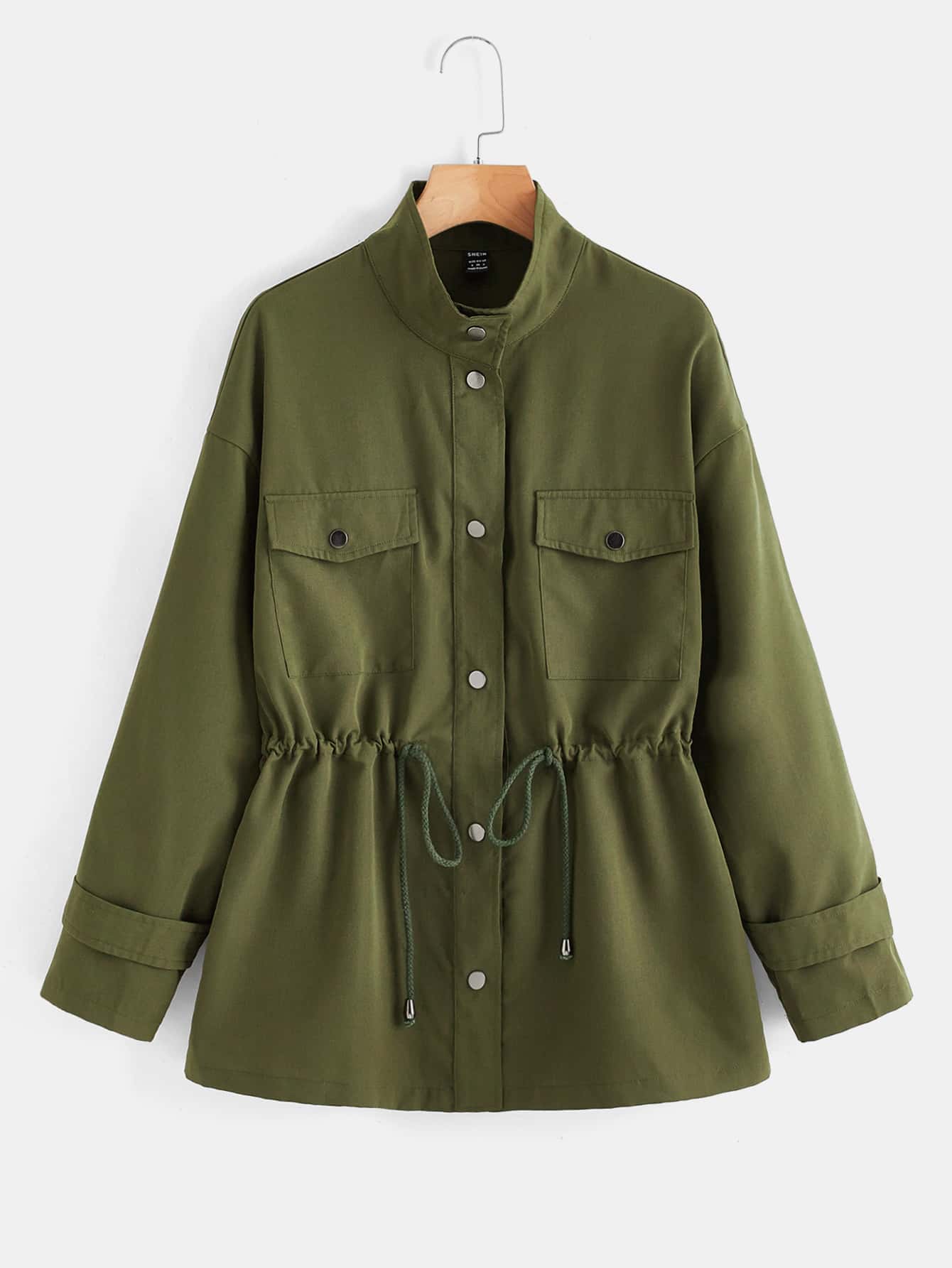 SHEIN Unity Flap Pocket Drop Shoulder Drawstring Waist Coat - Army Green - View 1