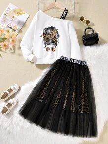 SHEIN Tween Girl Figure Graphic Asymmetrical Neck Tee & Mesh Overlay Skirt - Black and White - View 1