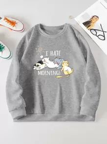 SHEIN EZwear Plus Cat And Slogan Graphic Thermal Lined Pullover - Light Grey - View 1