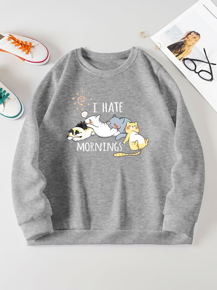 SHEIN EZwear Plus Cat And Slogan Graphic Thermal Lined Pullover - Light Grey - View 1