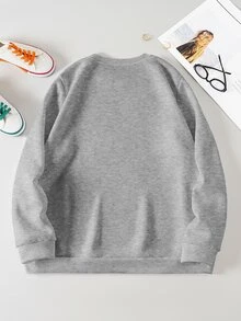 SHEIN EZwear Plus Cat And Slogan Graphic Thermal Lined Pullover - Light Grey - View 2