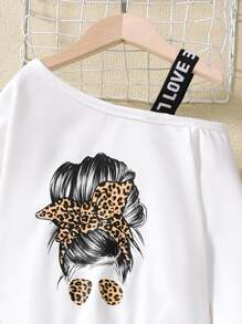 SHEIN Tween Girl Figure Graphic Asymmetrical Neck Tee & Mesh Overlay Skirt - Black and White - View 3