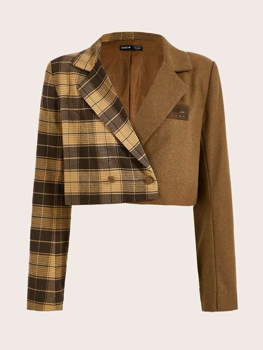 SHEIN Unity Plaid Double Button Crop Blazer - Multicolor - View 1