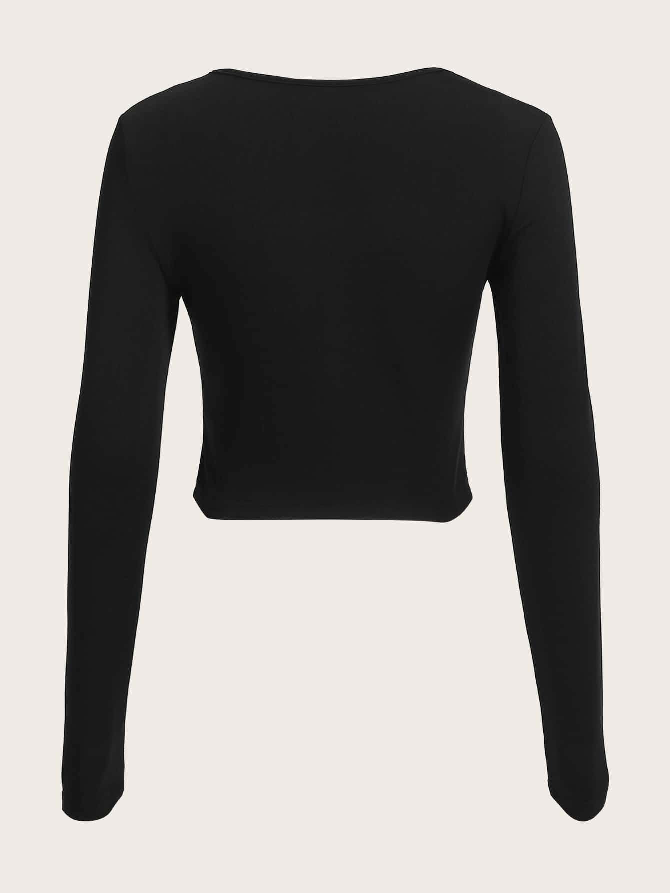 SHEIN EZwear 人物和字母圖案缺口領短款T恤 - 黑色 - 查看 2