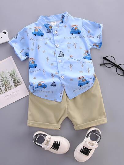 قميص أمامي بزرار برسوم كرتونية للأولاد مع شورت