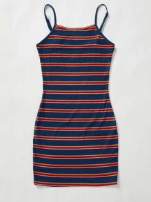 SHEIN EZwear Block Striped Cami Bodycon Dress - Navy Blue - View 7