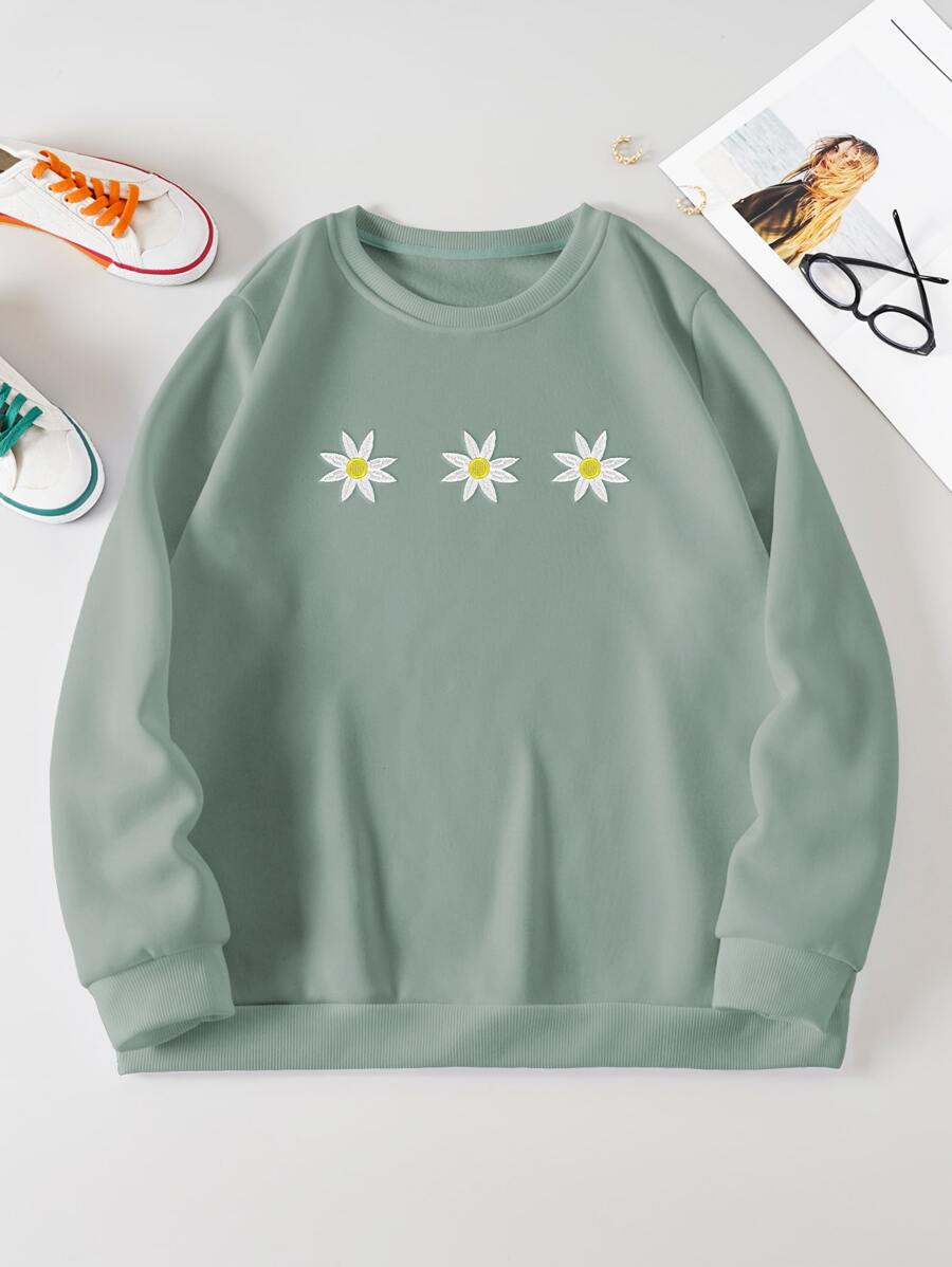 SHEIN EZwear 大碼花卉刺繡加絨內裏運動衫 - 薄荷綠 - 查看 1