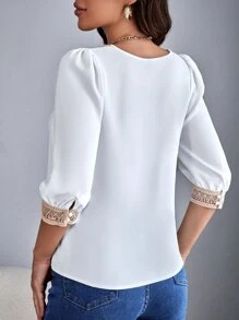 SHEIN LUNE 蕾絲拼接泡泡袖襯衫 - 白色 - 查看 5