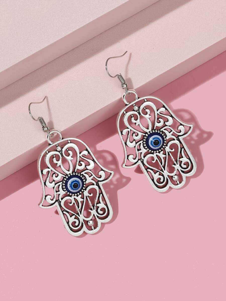 邪惡之眼細節法蒂瑪之手耳墜 - 彩色 - 查看 1