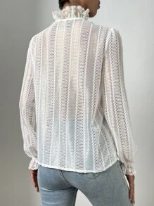 SHEIN LUNE Contrast Lace Flounce Sleeve Sheer Blouse - White - View 3