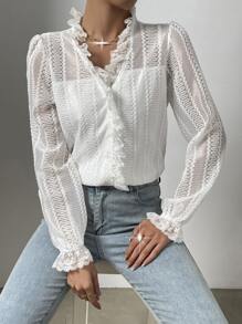 SHEIN LUNE Contrast Lace Flounce Sleeve Sheer Blouse - White - View 1