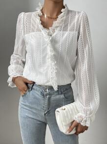 SHEIN LUNE Contrast Lace Flounce Sleeve Sheer Blouse - White - View 4