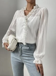 SHEIN LUNE Contrast Lace Flounce Sleeve Sheer Blouse - White - View 5