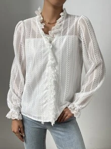 SHEIN LUNE Contrast Lace Flounce Sleeve Sheer Blouse - White - View 6