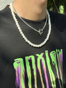 2入組男士幾何設計珍珠和鏈子吊墜項鍊套裝 - 彩色 - 查看 6