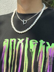 2入組男士幾何設計珍珠和鏈子吊墜項鍊套裝 - 彩色 - 查看 7