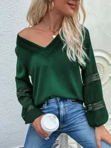 SHEIN LUNE V領拼接蕾絲襯衫 - 墨綠色 - 查看 1