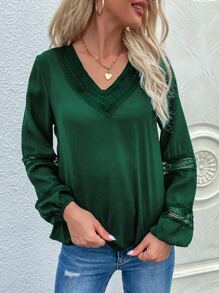 SHEIN LUNE V領拼接蕾絲襯衫 - 墨綠色 - 查看 3