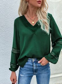 SHEIN LUNE V領拼接蕾絲襯衫 - 墨綠色 - 查看 5