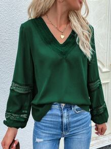 SHEIN LUNE V領拼接蕾絲襯衫 - 墨綠色 - 查看 6