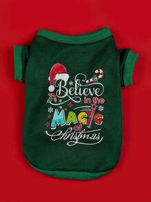 1 Stück Haustier Weihnachten BELEVE Muster T-Shirt, Outfit für Katzen und Hunde als Weihnachtsgeschenk - Grün - Übersicht 1