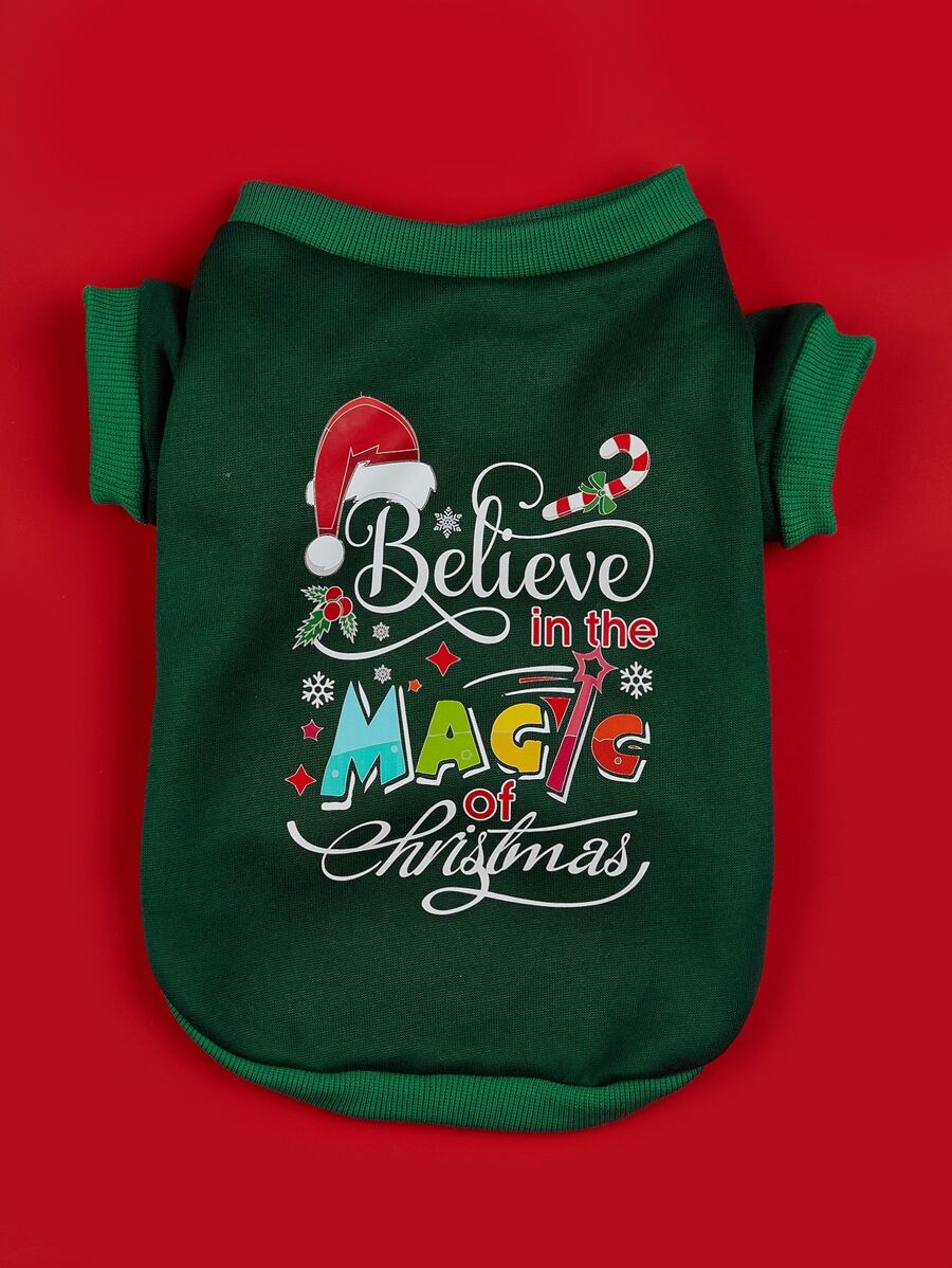 1 Stück Haustier Weihnachten BELEVE Muster T-Shirt, Outfit für Katzen und Hunde als Weihnachtsgeschenk - Grün - Übersicht 1