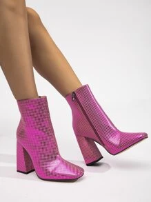 Metallic Geometric Pattern Square Toe Chunky Heeled Classic Boots - Hot Pink - View 1