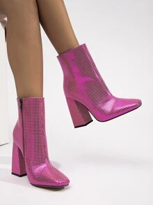Metallic Geometric Pattern Square Toe Chunky Heeled Classic Boots - Hot Pink - View 2