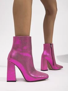 Metallic Geometric Pattern Square Toe Chunky Heeled Classic Boots - Hot Pink - View 4