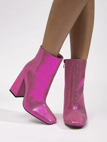 Metallic Geometric Pattern Square Toe Chunky Heeled Classic Boots - Hot Pink - View 5